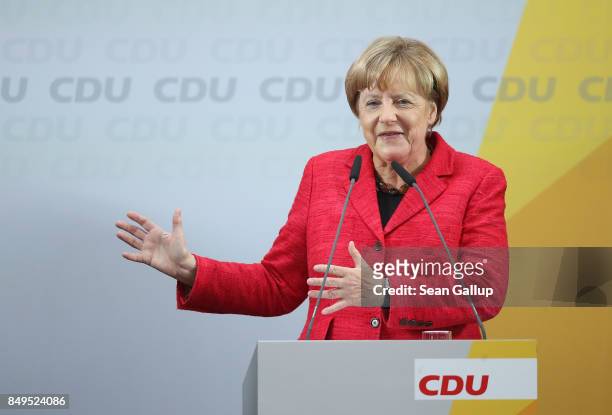 German Chancellor and Christian Democrat Angela Merkel speaks at an election campaign stop on September 19, 2017 in Wismar, Germany. Merkel is...