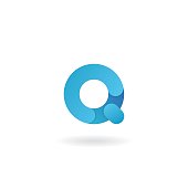 Letter Q logo. Blue vector icon. Ribbon styled font.