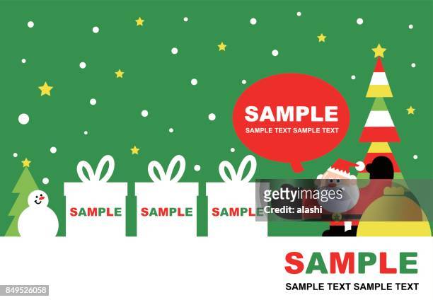 merry christmas and new year greeting card with cute smiling santa claus, snowman child and three christmas present - three year stock illustrations