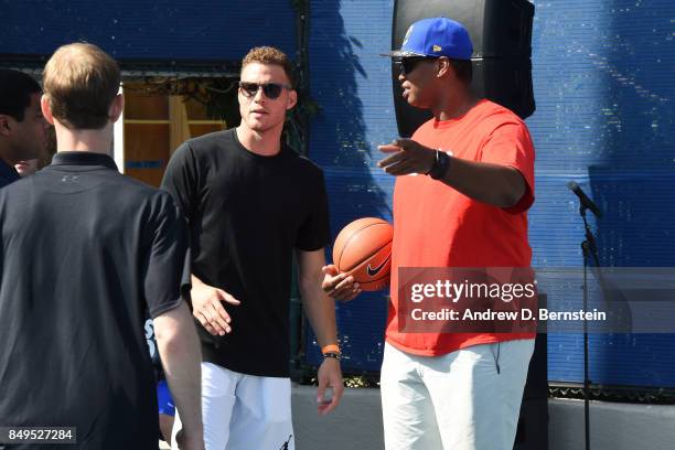 Former NBA player, Jason Collins and Blake Griffin of the LA Clippers attend the Michael B. Jordan Jam event at The Ritz-Carlton Marina del Rey on...