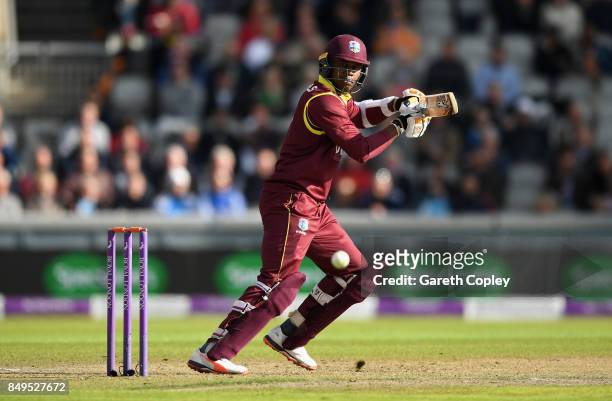 Marlon Samuels of the West Indies bats during the 1st Royal London One Day International match between England and the West Indies at Old Trafford on...