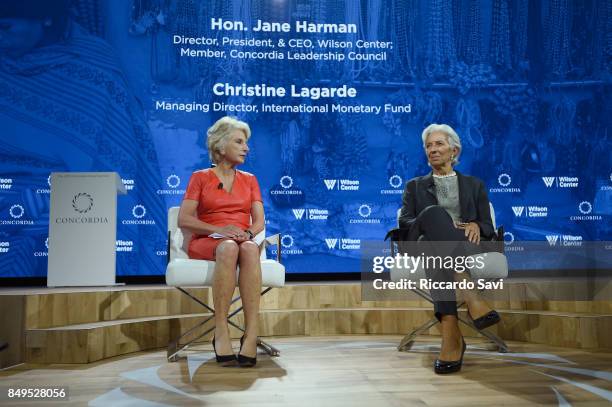 Hon. Jane Harman, Director, President, and CEO, Wilson Center and Christine Lagarde, Managing Director, International Monetary Fund speak at The 2017...