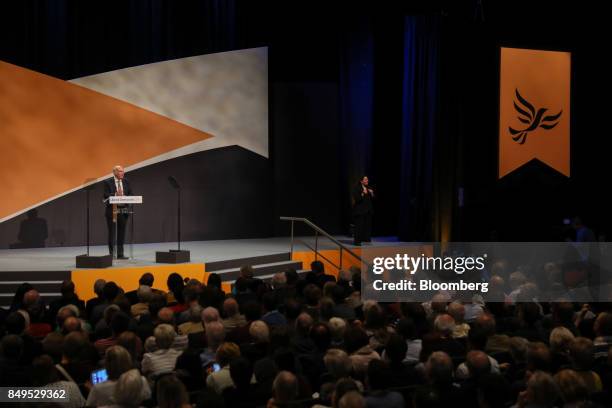 Vince Cable, leader of the U.K.'s Liberal Democrat Party, delivers his keynote speech at the party's annual conference in Bournemouth, U.K., on...