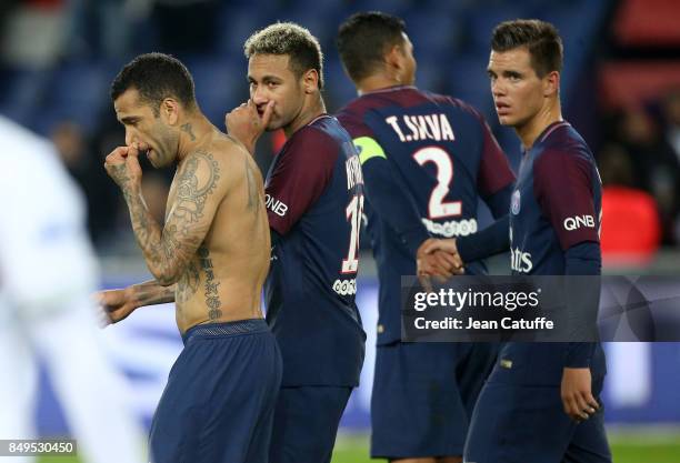 Shirtless tattooed Dani Alves aka Daniel Alves, Neymar Jr, Giovani Lo Celso of PSG following the French Ligue 1 match between Paris Saint Germain and...