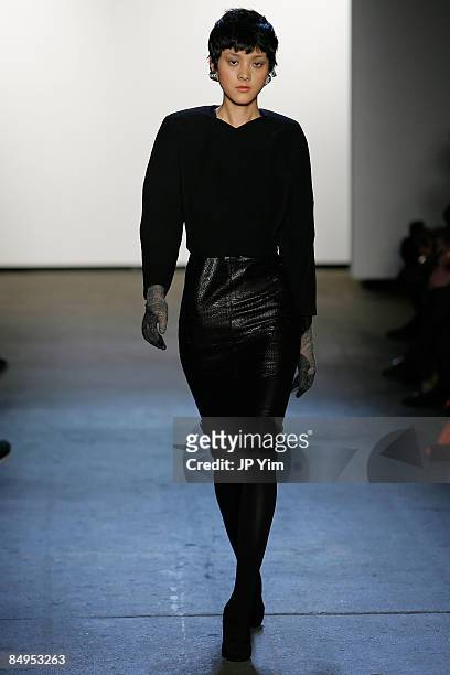 Model walks the runway wearing Kai Kuhne Fall 2009 during Mercedes-Benz Fashion Week at Eyebeam on February 19, 2009 in New York City.