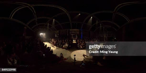 Models walk the runway at the Julien MacDonald fashion show during London Fashion Week September 2017 on September 14, 2017 in London, England.