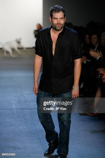 Designer Kai Kuhne walks the runway wearing Kai Kuhne Fall 2009 during Mercedes-Benz Fashion Week at Eyebeam on February 19, 2009 in New York City.