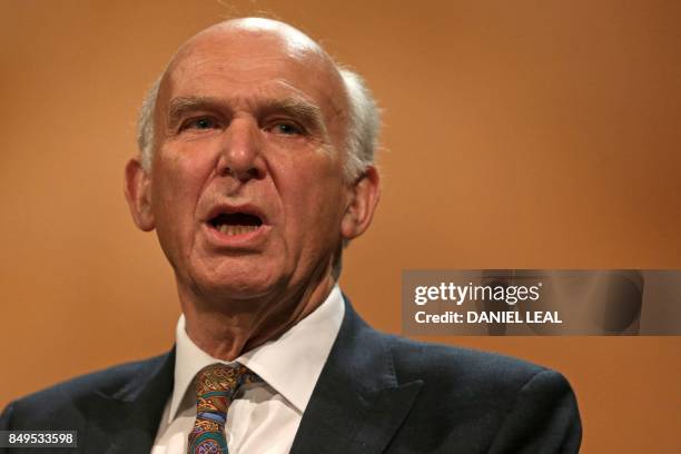 Britain's leader of the Liberal Democrats, Vince Cable delivers his Keynote Speech at the party's annual conference in Bournemouth, southern England,...