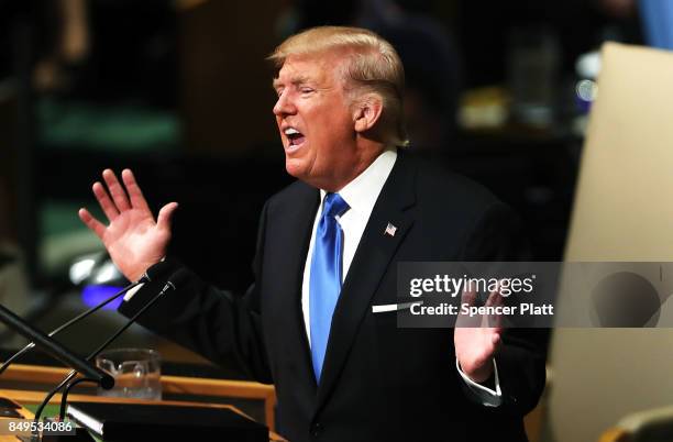 President Donald Trump speaks to world leaders at the 72nd United Nations General Assembly at UN headquarters in New York on September 19, 2017 in...