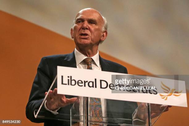 Britain's leader of the Liberal Democrats, Vince Cable delivers his Keynote Speech at the party's annual conference in Bournemouth, southern England,...