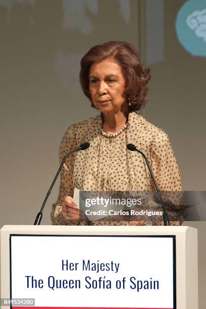 Her Majesty Queen Sofia of Spain Attends Alzheimer's Global Summit Lisbon 2017 on September 19, 2017 in Lisbon, Portugal.