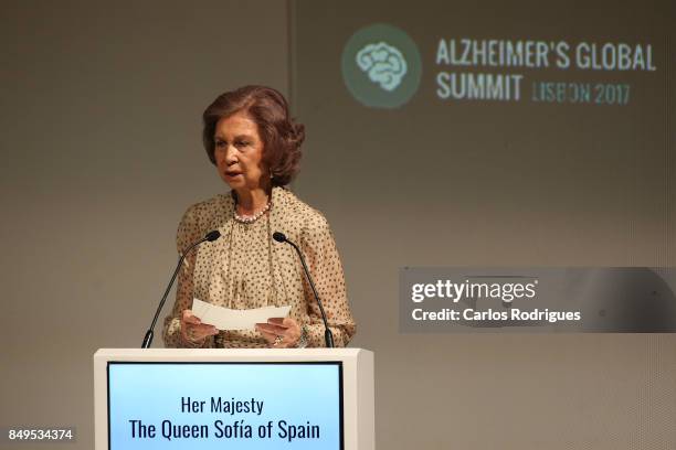 Her Majesty Queen Sofia of Spain Attends Alzheimer's Global Summit Lisbon 2017 on September 19, 2017 in Lisbon, Portugal.