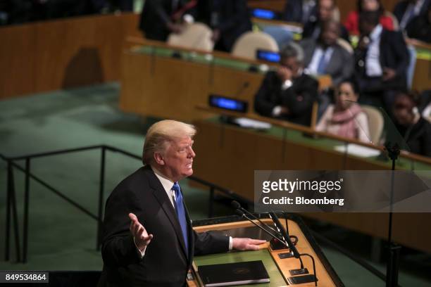 President Donald Trump speaks during the UN General Assembly meeting in New York, U.S., on Tuesday, Sept. 19, 2017. Trump told world leaders in his...