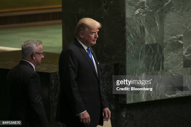 President Donald Trump walks towards the podium to speak during the UN General Assembly meeting in New York, U.S., on Tuesday, Sept. 19, 2017....