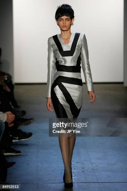 Model walks the runway wearing Kai Kuhne Fall 2009 during Mercedes-Benz Fashion Week at Eyebeam on February 19, 2009 in New York City.