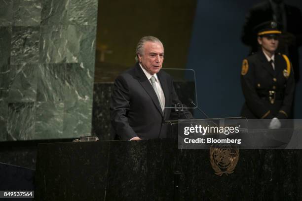 Michel Temer, Brazil's president, speaks during the UN General Assembly meeting in New York, U.S., on Tuesday, Sept. 19, 2017. Recent nuclear and...