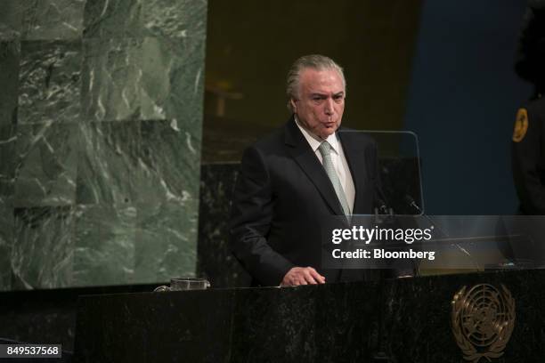 Michel Temer, Brazil's president, speaks during the UN General Assembly meeting in New York, U.S., on Tuesday, Sept. 19, 2017. Recent nuclear and...