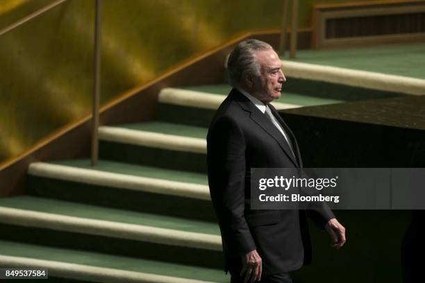 Michel Temer, Brazil's president, exits from the podium after speaking during the UN General Assembly meeting in New York, U.S., on Tuesday, Sept....