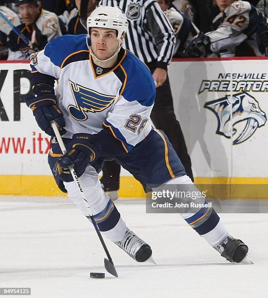 Carlo Colaiacovo of the St Louis Blues skates against the Nashville Predators at the Sommet Center on February 19, 2009 in Nashville, Tennessee.