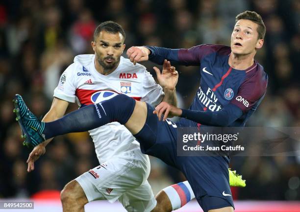 Jeremy Morel of Lyon, Julian Draxler of PSG during the French Ligue 1 match between Paris Saint Germain and Olympique Lyonnais at Parc des Princes on...