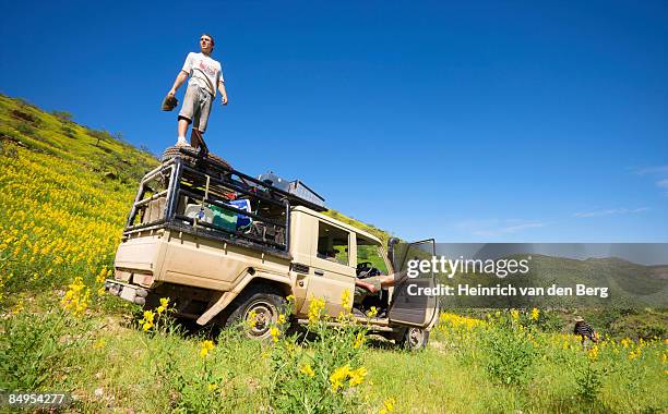 admiring scene from on top of 4x4, van zyl's pass, kaokoland, namibia - freek van den bergh stock pictures, royalty-free photos & images