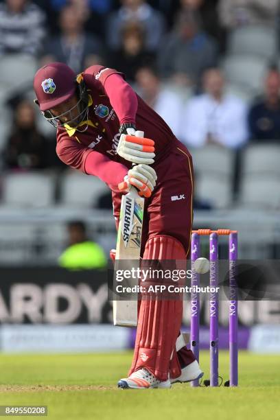 West Indies' Rovman Powell bats during the first One-Day International cricket match between England and the West Indies at Old Trafford, Manchester...