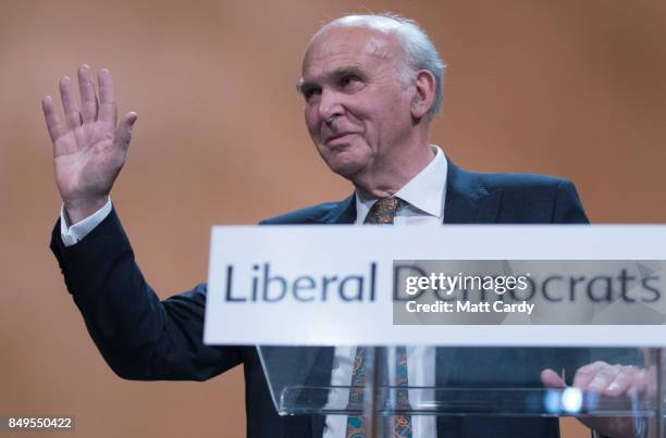 Leader of the Liberal Democrats Vince Cable delivers his keynote speech during the final day of the Liberal Democrat Autumn Conference on September...