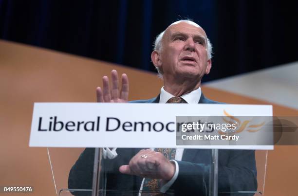 Leader of the Liberal Democrats Vince Cable delivers his keynote speech during the final day of the Liberal Democrat Autumn Conference on September...