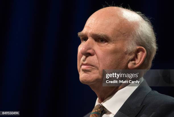 Leader of the Liberal Democrats Vince Cable delivers his keynote speech during the final day of the Liberal Democrat Autumn Conference on September...