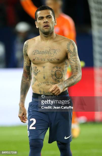 Shirtless tattooed Dani Alves aka Daniel Alves of PSG following the French Ligue 1 match between Paris Saint Germain and Olympique Lyonnais at Parc...