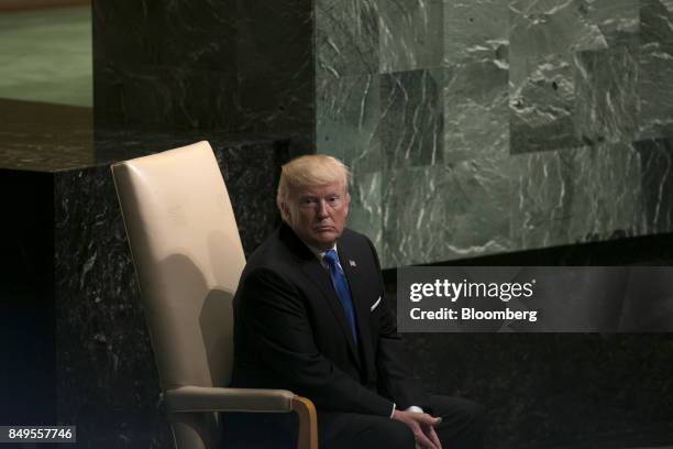 President Donald Trump sits after speaking during the UN General Assembly meeting in New York, U.S., on Tuesday, Sept. 19, 2017. Trump told world...