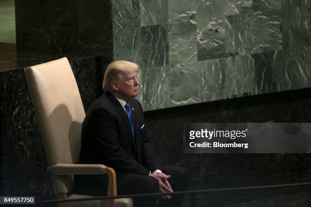 President Donald Trump sits after speaking during the UN General Assembly meeting in New York, U.S., on Tuesday, Sept. 19, 2017. Trump told world...