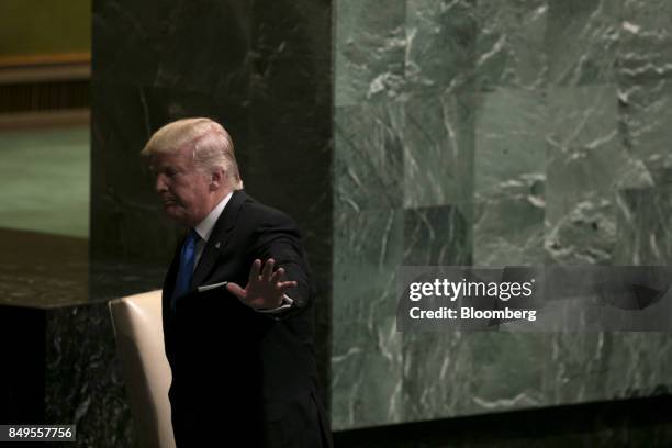 President Donald Trump waves after speaking during the UN General Assembly meeting in New York, U.S., on Tuesday, Sept. 19, 2017. Trump told world...