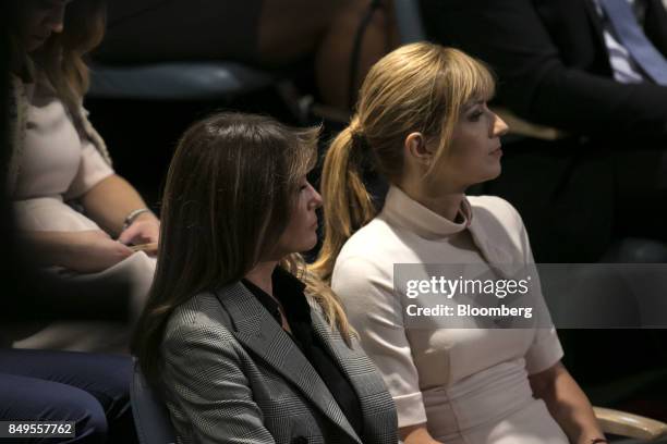 First Lady Melania Trump, left, listens during the UN General Assembly meeting in New York, U.S., on Tuesday, Sept. 19, 2017. U.S. President Donald...