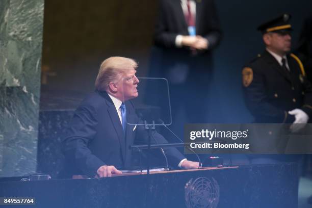 President Donald Trump speaks during the UN General Assembly meeting in New York, U.S., on Tuesday, Sept. 19, 2017. Trump told world leaders in his...