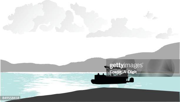 beautiful mountain lake boating - pontoon boat stock illustrations