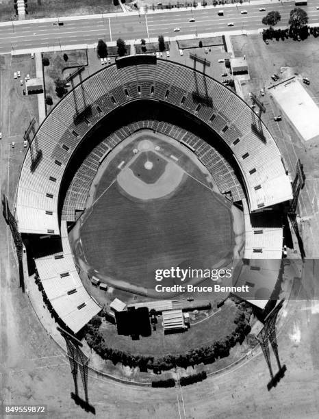 General, aerial view of Baltimore Memorial Stadium, which will host Game 3 of the 1966 World Series with the Los Angelels Dodgers and Baltimore...