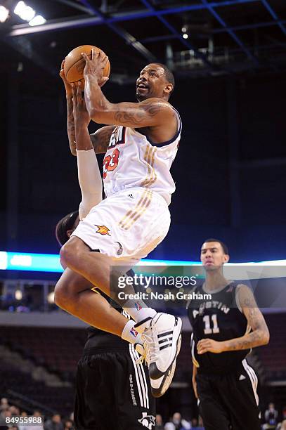 Jeff Trepagnier of the Bakersfield Jam goes hard to the hoop against the Austin Toros in a NBAD League Game at the Rabobank Arena on February 19,...