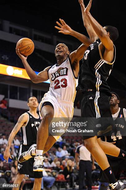 Justin Reed of the Bakersfield Jam gets to the hoop against the Austin Toros in a NBAD League Game at the Rabobank Arena on February 19, 2009 in...