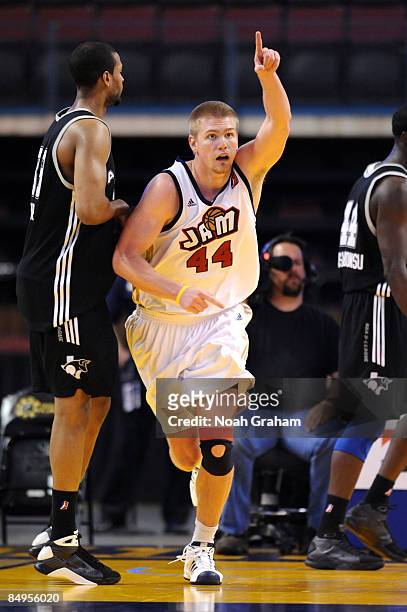Nick Lewis of the Bakersfield Jam after scoring against the Austin Toros in a NBAD League Game at the Rabobank Arena on February 19, 2009 in...