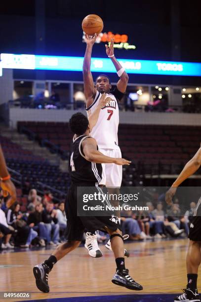 Derrick Byars of the Bakersfield Jam puts up a shot over Stanley Burrell of the Austin Toros in a NBAD League Game at the Rabobank Arena on February...
