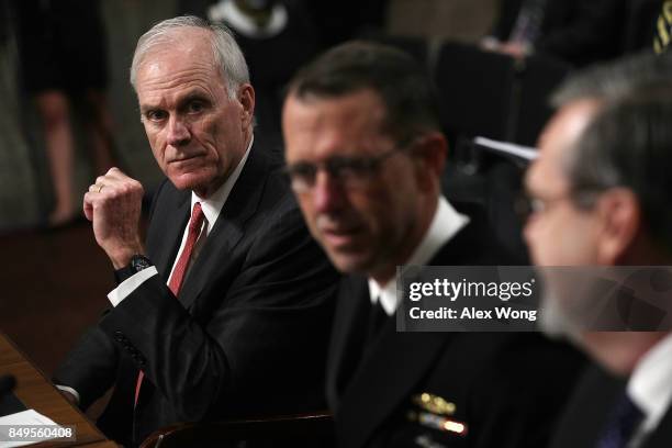 Secretary of the Navy Richard Spencer, Chief of Naval Operations Adm. John Richardson, and Director of Defense Force Structure and Readiness Issues...