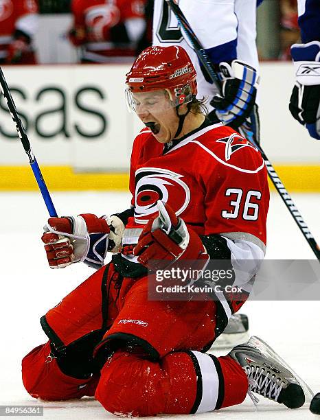 Jussi Jokinen of the Carolina Hurricanes reacts after scoring a goal against the Tampa Bay Lightning during the game on February 20, 2009 at RBC...