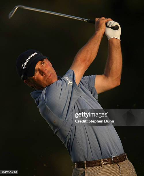 Scott McCarron hits his tee shot on the 16th hole during the second round of the Northern Trust Open on February 20, 2009 at Riviera Country Club in...