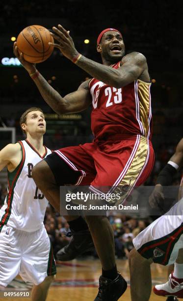 LeBron James of the Cleveland Cavaliers puts up a shot on his way to a game-high 55 points against the Milwaukee Bucks on February 20, 2009 at the...