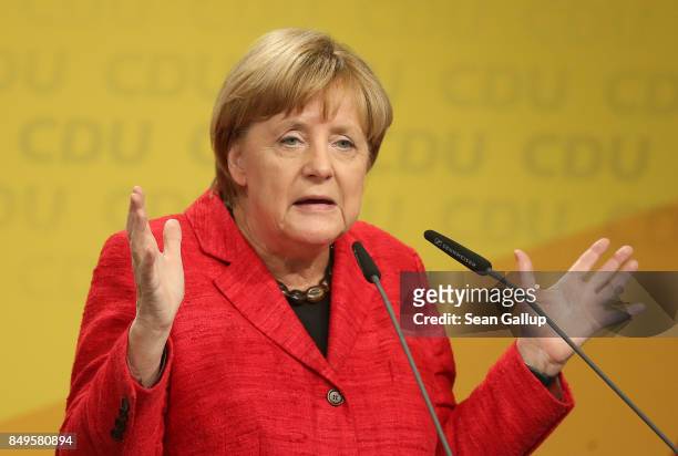 German Chancellor and Christian Democrat Angela Merkel speaks at an election campaign stop on September 19, 2017 in Schwerin, Germany. Merkel is...