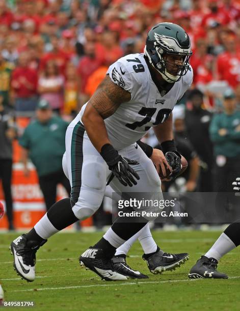 Offensive guard Brandon Brooks of the Philadelphia Eagles gets set on the line against the Kansas City Chiefs during the first half on September 17,...