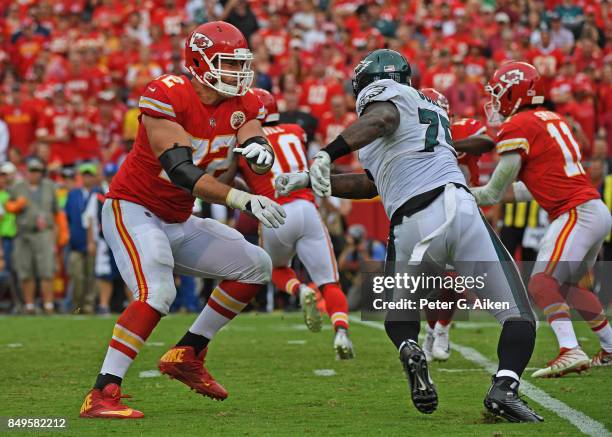 Offensive tackle Eric Fisher of the Kansas City Chiefs blocks defensive end Vinny Curry of the Philadelphia Eagles during the second half on...