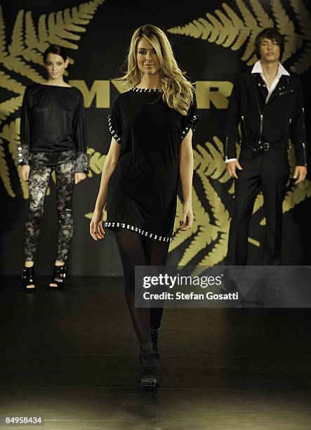 Jennifer Hawkins showcases a design on the catwalk by Charlie Brown at the Myer Winter 2009 Collection Launch at the Murray Street Myer Store on...