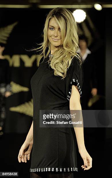 Jennifer Hawkins showcases a design on the catwalk by Charlie Brown at the Myer Winter 2009 Collection Launch at the Murray Street Myer Store on...